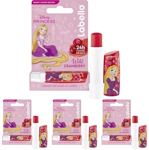 Labello Wild Cranberry Limited Disney Princess Edition, duftender Lippenpflegestift mit fruchtigem Aroma, pflegender Lippenbalsam für Kinder ab 3 Jahren (4,8 g) (Packung mit 4)
