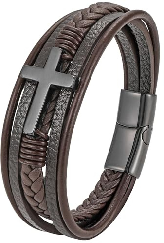Mochity Läderarmband för män, kors korsfästelse, vikingarmband i rostfritt stål, armband för män, med presentförpackning, 21cm, läder, Rostfritt stål