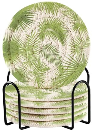 Summer Leaf Green Coasters Absorbent Set with Holder 6 Pack Drink Coasters for Home House Bar Accessories