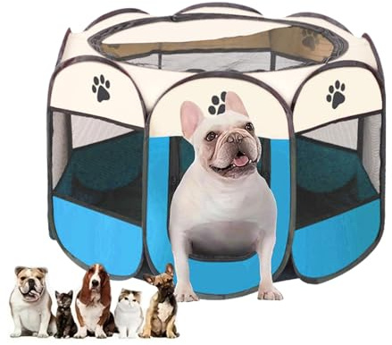Tragbarer Welpenauslauf, Faltbar Haustier Hundezaun, laufstall Hasen, Welpenlaufstall für Zuhause, Hundebox Katzengehege für Drinnen, Laufstall Hund Pop-Up 74x43cm (Blau Weiß-S)