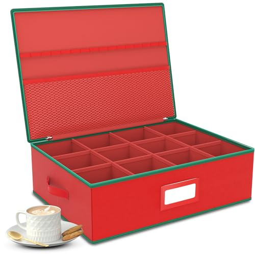 VERONLY Weihnachtsbecher-Aufbewahrungsbox Organizer - Stapelbare Hartschalen-Box mit Unterteilungen, Mesh-Tasche, Deckel, Griffen, für 12 Tassen im Schrank, Weihnachtsdeko (Rot)