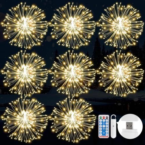 KIKILIVE Feuerwerk Lichterkette mit Fernbedienung, 8 Stück USB 120 LED 8 Modi Feuerwerk Lichterkette, Hanging Lichter für Weihnachten Hochzeitsfeier Gartendekoration
