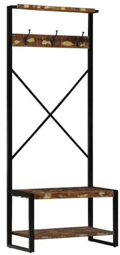 Makastle Kleiderständer mit 3 Haken & 2 Fächer, Kleiderschrank offen für Korridor Eingang usw,Wandmontage möglich, Mehrfarbig 80x40x190 cm Altholz Massivholz