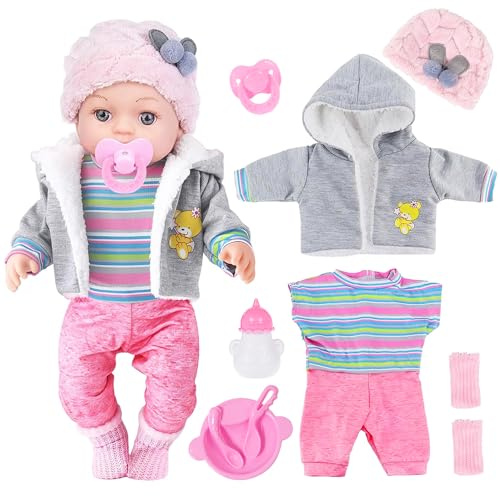 dollbie 12 Zoll Babypuppe - 12 lebhafte Babypuppe mit 3-teiligen Outfits, 4 Zubehör & Fütterungsset - Realistische rosige Wangen & Blaue Augen, für Kinder