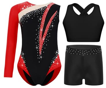Yruioon 3Pcs Mädchen Turnanzug Glitzer Gymnastikanzug Ein-Schulter Langarm Ballettanzug + Sport BH Tops + Shorts Gymnastik Leotard Tanz Outfit
