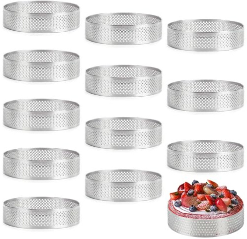 12 Stück Mousse Tartelette Förmchen - 6 cm Tortenringe mit Löchern Dessertringe 430 Edelstahl Dessertringe Perforierter Crumpet Rings Rund Kuchenform Kuchenringe Antihaft Tortlettförmchen für DIY