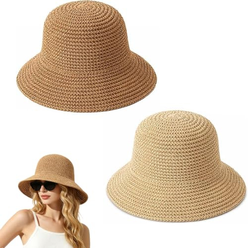 OhebEsx 2er Set Strohhüte Damen – Beige & Khaki, faltbar, verstellbar