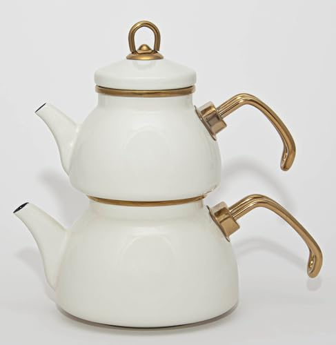 Théière Turque Mini 0,5 L avec Bouilloire 1,1 L en Acier Émaillé beige – Design Rétro – Compatible Induction – Idéale pour l'Infusion du Thé – LPP GRANDEUR 10