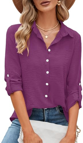 Odosalii Womens Blouses Rolled Up Long Sleeve V Neck Button Down Shirt | Elegant Work Office Business Casual Tunic Tops