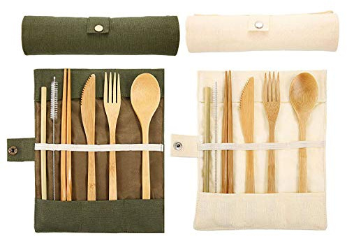 2 couverts en bambou, couverts en bois, couverts de camping avec sac, adaptés à un usage quotidien, voyage, camping