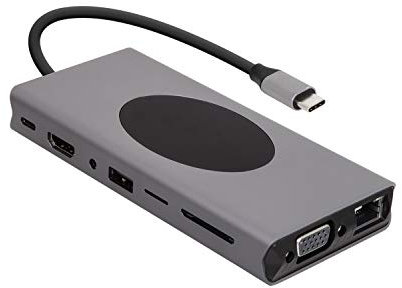 Realm USB C Hub, Laptop Docking Station, 15-in-1 Type C Adapter with Qi Wireless Charging, 60W Power Delivery, 4K HDMI, 7 USB A Ports, VGA, Ethernet, Dual Video Output, 3.5mm Aux, SD and Micro SD Port