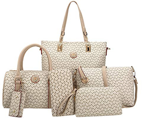 RainboSee Damen 6 Stück Handtasche Tote Stitching Schultertasche PU Top Handle Hobo Satchel Purse Clutch Geldbörse Schlüsselhalter, beige, Einheitsgröße