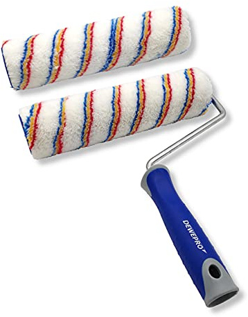 DEWEPRO 25cm Farbroller inkl. Steckbügel mit ergonomischem 2-Komponenten-Griff und Ersatzwalze - kurzflorige Farbwalze geeignet für Acrylfarbe, Latexlacke und Farben auf Wasserbasis