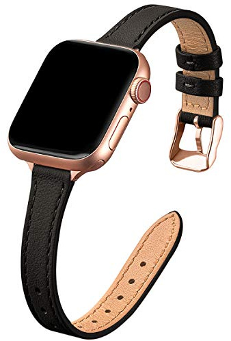 SUNFWR Bracelet Cuir pour Apple Watch 42mm(Series 11/10) 41mm 40mm 38mm | Femme Élégant Remplacement Cuir Fin Véritable pour Apple Watch SE3/SE2/SE,iwatch Series 11/10/9/8/7/6/5/4/3/2/1(Noir&Or rose)