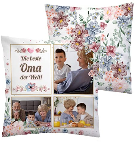 Ferocity Personalisiertes FOTOGESCHENK mit eigenem Foto Bedruckt (45 x 45 cm) Foto-Kissen mit Deinem Foto Geburtstag, Großmutter Tag, Oma Tag (mit Füllung) Die Beste Oma der Welt [091]