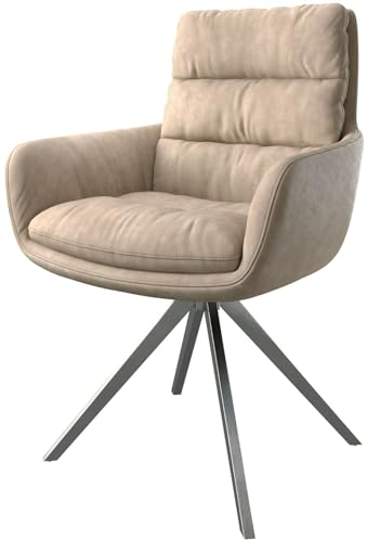 DELIFE Polsterstuhl Abelia-Flex mit Armlehnen Kreuzgestell kantig Edelstahl Mikrofaser Beige Vintage