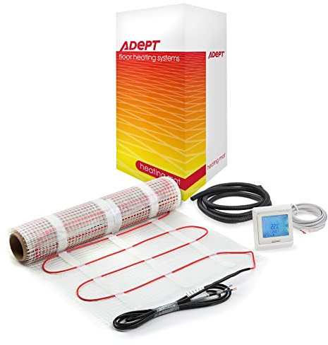 Adept Premium Electric Underfloor Heating Mat Kit 200W per m² with Self Adhesive Backing for Under Tile or Stone Floors - 10m2 Kit - White Touchscreen Thermostat