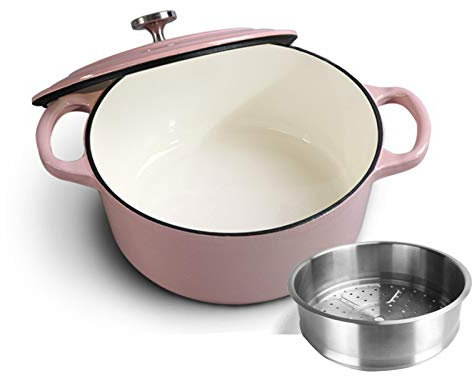 SHALOLY con Coperchio 24 cm casseruola Rotonda, pentole multifunzionali in ghisa Smaltata, pentola Antiaderente per brasare a Vapore cuocere alla griglia soffriggere arrosto, Rosa (Rosa)