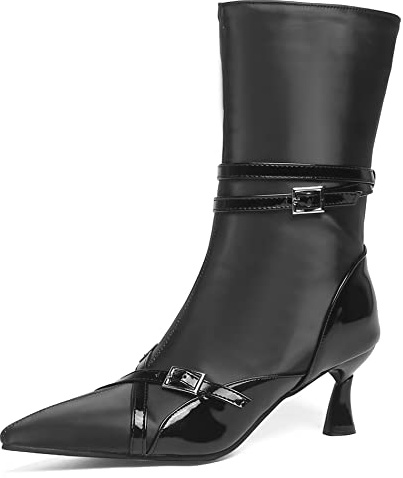Lroey Reoly Botines Mujer Mini Tacón, Botas de Noche Moda Sin Cordones Botines Tacón Medio Puntiagudo 374 Negro Talla 43 EU