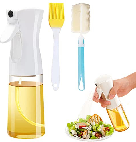 YOFASEN Oil Sprayer，7 Oz / 210 Ml Oil Spray for Cooking，Olive Bottle with Cleaning Brush，for Kitchen, Salad, BBQ, Grilling, Roasting, Baking，White/Oil Injection+Oil Brush+Sponge Brush