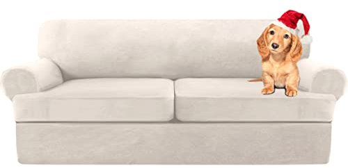 Sofa Cover,T Cushion Sofa Cover Velvet Non-Slip T Cushion 1/2/3 Seater Couch Cover with Individual T Cushion Seat Cover with Elastic Bands Furniture Slipcovers Protector (White,X-2 Seat-3 pieces)