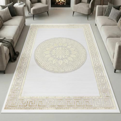 Teppich-Traum Teppich Wohnzimmer Schlafzimmer Kurzflor orientalisch elegant edel Ornamente Glanzeffekt Mäander Creme Gold 140 x 200 cm