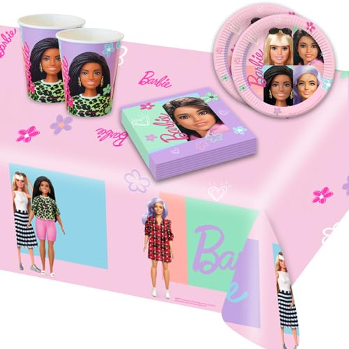 Kit Festa di Barbie per 8 persone, Set Stoviglie Decorazioni per Compleanno Bambina in Carta da Tavola, 8 piatti diam. 23 cm, 8 bicchieri 250 ml, 16 tovaglioli 33 x 33 cm, 1 tovaglia 120 x 180 cm