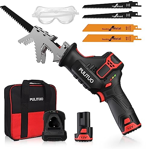 Sega a Gattuccio,PULITUO 12V Sega alternativa a batteria con velocità variabile da 0-2700 RPM,più verde Seghetto a Batteria con batterie da 2.0Ah e Ricarica rapido da 1 ora,4 lame
