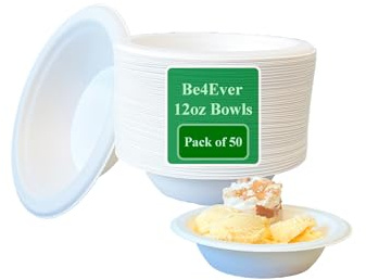 Be4Ever 50 Pack Disposable Paper 12oz-Eco-Friendly, Sugarcane White Biodegradable, Compostable Soup Bowls for Dessert Christmas Party BBQ Picnic (12oz (Pack of 50)
