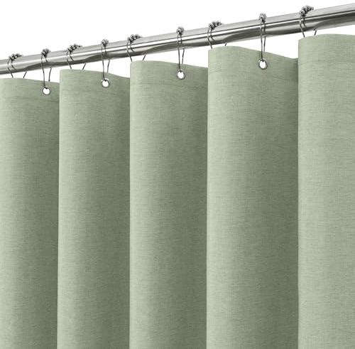 Duschvorhang Leinen mit Metall Duschvorhangringe Stoff Textil Badewannenvorhang Anti Schimmel Bad Vorhang Wasserdicht Badewanne Vorhang Schwerer Shower Curtain Badezimmer - 182 x 214cm (Salbeigrün)