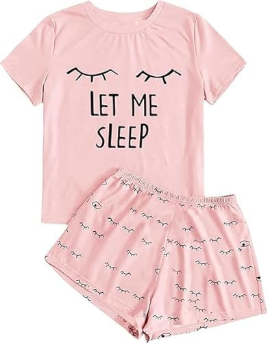 Haloumoning Conjunto de pijamas para niña de verano lindo pantalones cortos cómodos de manga corta con dibujos animados impresos conjunto de camiseta y pantalones cortos, Rosa., 8-10 años