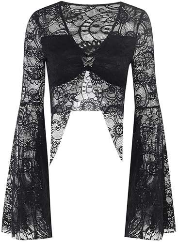 SEAUR Gothic Spitze Shrug Damen Schwarz Langarm Bolero Vintage Punk Jäckchen Cardigan Crop Top für Party Club Karneval Halloween - L