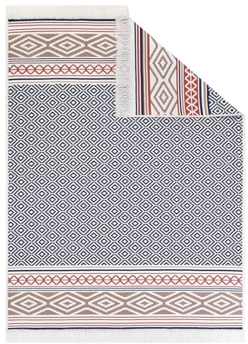 TAPISO Azteca Teppich Kurzflor mit Fransen Baumwolle Creme Schwarz Mehrfarbig Vintage Design Waschbar Beidseitig Anwendbar Wohnzimmer Schlafzimmer ÖKOTEX 140 x 200 cm