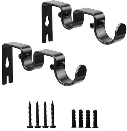 Shonmogar Double Curtain Rod Bracket,2 Pack Metal Curtain Rod Hooks for Wall,Sturdy Curtain Rod Brackets with Screws,Black Wall Mounted Curtain Rod Holders for Bedroom Living Room Office