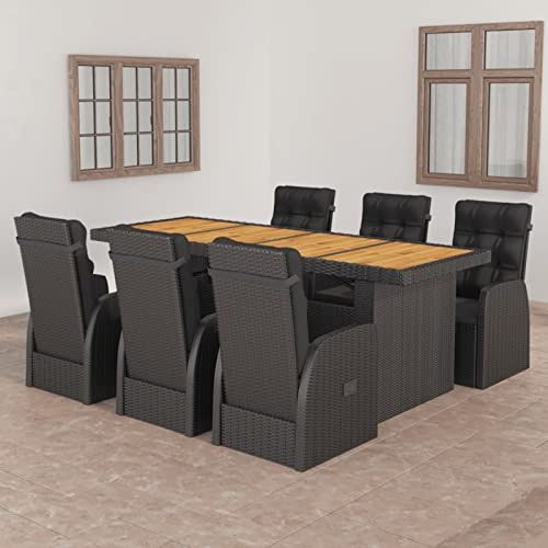 SECOLI Rattan Gartenmöbel Set 6 Personen Garten Essgruppe 6 Personen esstisch mit 6 Rattansessel verstel Gartengarnitur Rattanmöbel Esstisch Sitzgarnitur-Schwarz und Braun-7-tlg
