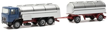 Herpa Basic modello di camion MAN F8 autotreno cisterna per latte, giallo Giamaica, in scala 1:87, modello base economico, tedesco, statuetta plastica