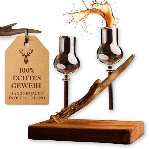 Generisch Geschenk Jäger • Absacker Servierbrett • Whisky Set für Männer • Schnapsbrett Rehgeweih mit 2 Schnapsgläsern ohne Boden • Jagdprüfung