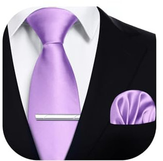 HISDERN Cravatta Uomo Lilla Tinta Unita Formale Elegante Classico Raso Cravatte e Fazzoletto da Taschino e Fermacravatta per Matrimonio Festa Lavoro