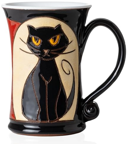 Felisteya Handgetöpferte Katzentasse – 320ml Keramik-Kaffeetasse & Teetasse | Handgemachter Kaffeebecher aus Steingut mit schwarzem Katzenmotiv, Geschenk für Katzenliebhaber – Tasse mit Katze, Modell 1