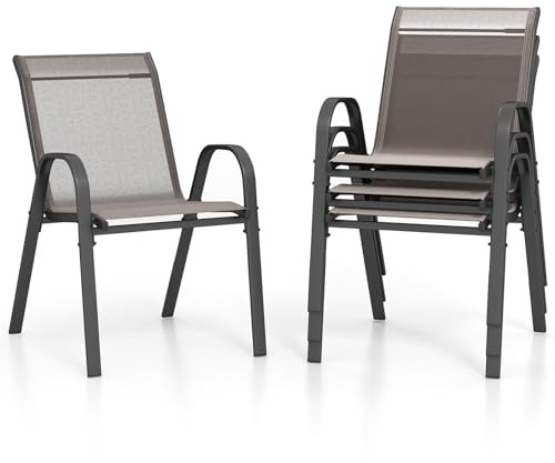 GOPLUS Lot de 2/4 Chaises de Jardin Extérieur en Métal et Textilène Respirant, Fauteuil de Jardin Empilable et Anti-dérapant avec Accoudoirs et Dossier, Idéal pour Patio, Terrasse (56x70x84cm,Gris,4)