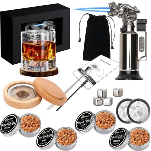 Kit de Fumoir Cocktail avec Torche, Kit Cocktail Smoker avec 4 Copeaux Bois et Touilleur Cocktail, Glace Carbonique pour Cocktail Accessoires pour Whisky, Boissons, Bourbon, Café, Fromage, Viandes