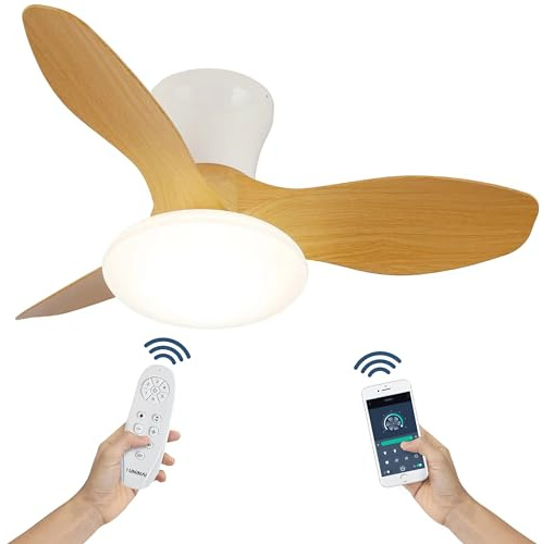 Ventilador Techo con Luz y Mando a Distancia y APP - Silencioso con Función Verano/Invierno para Dormitorio o Salon - Bajo Consumo con 6 Velocidades e Intensidad/Temperatura Regulable (Madera)