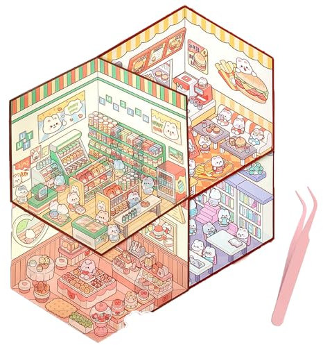 4 Sets 3D Sticker, 3D-Cartoon-Miniatur-Szenen-Aufkleber Für Kinder Adult Stressabbau - DIY Scene Stickers (Mit Pinzette)