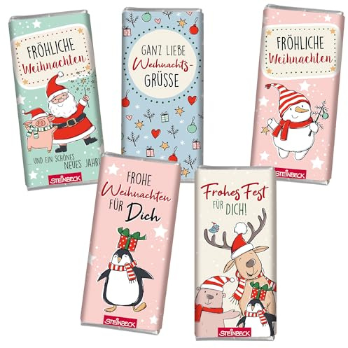 STEINBECK Minischokolade Weihnachten 5x30g - Rentier Weihnachtsmann Schneemann Pinguin - Vollmilch Geschenk Befüllung Adventskalender Tischdekoration Weihnachtsmann Wichteln