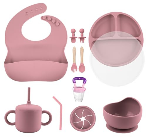 SHGMEET Silikon Baby Geschirrset, Baby-Fütterungsutensilien, Baby-Saugnapf, Teller, Lätzchen, Löffel-Set, Baby-geführtes Entwöhnungszubehör, Spülmaschinenfest (Rosa)