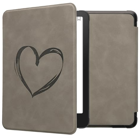 kwmobile Schutzhülle für Amazon Kindle Paperwhite (2024)/Colorsoft Hülle - eReader Case aus Kunstleder mit Auto Sleep Funktion - Herz Brush mit Grau