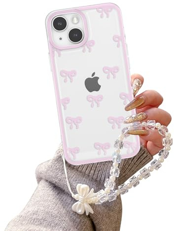 EYZUTAK Case for iPhone 15, Clear Cute Ribbon Bowknot Aesthetic Phone Case with Charm Bracelet Chain Raised Camera Protection Stylish Soft Durable TPU Protective Cover for Women Girls - Pink