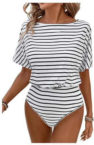 GORGLITTER Dam body kortärmad bodysuit randig body sommar t-shirt body casual sommarskjorta bodies med U-ringad, Svart och vit, S