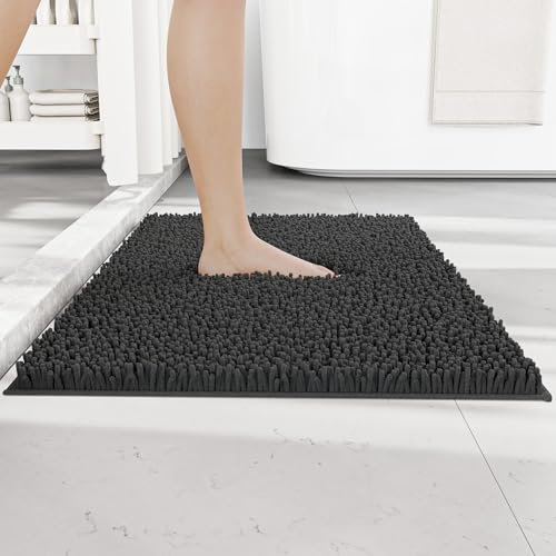 RUN HELIX Chenille Badematte rutschfest - Super Saugfähige und Maschinenwaschbar Badezimmerteppich - Ideal Badteppich für Badezimmer, Toilette und Innenräume - 40x60 cm, Dunkelgrau
