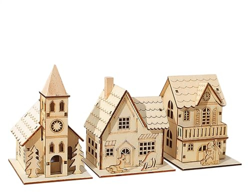 Wpsagek 3pcs Christmas Wood Village Sets, Christmas Village LED Luminous Little House, Wooden Houses To Paint For Crafts, Christmas Village House Cabin Crafts Decorations
